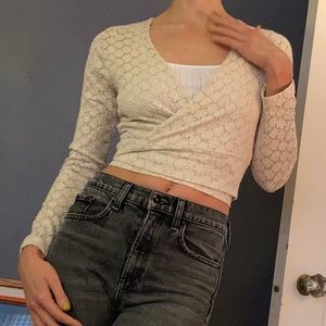 Vintage Cream Cropped Tie-Wrap Sweater Top Size XS-S